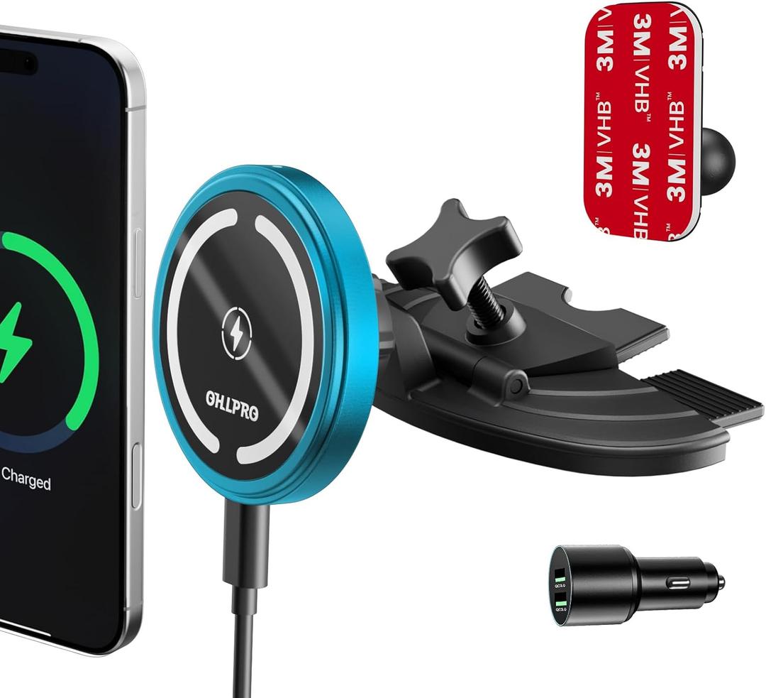 OHLPRO 15W Magsafe Car Mount Charger for iPhone 17, Fast Wireless Charging Magnetic CD Slot Holder with 3M Adhesive Base for Dashboard, Aluminum Shell, Compatible with iPhone 16/15/14 Pro Max, Blue