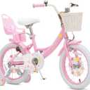 Bixike Girls Bike with Basket for Toddlers and Kids, Pink & White, 16 Inch With Doll Seat With Training Wheels & Doll Seat, 20 Inch with Kickstand & Rear Rack, Princess Style Bicycle for Gift.