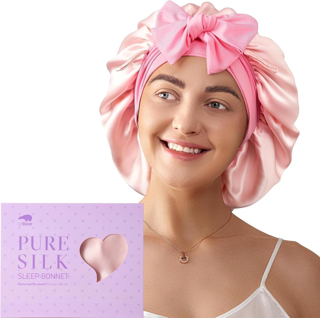 LitBear 100% Mulberry Silk Bonnet for Sleeping Women, 6A 22 Momme, Large Double-Layer Silk Hair Wrap with Tie Band (Pink)