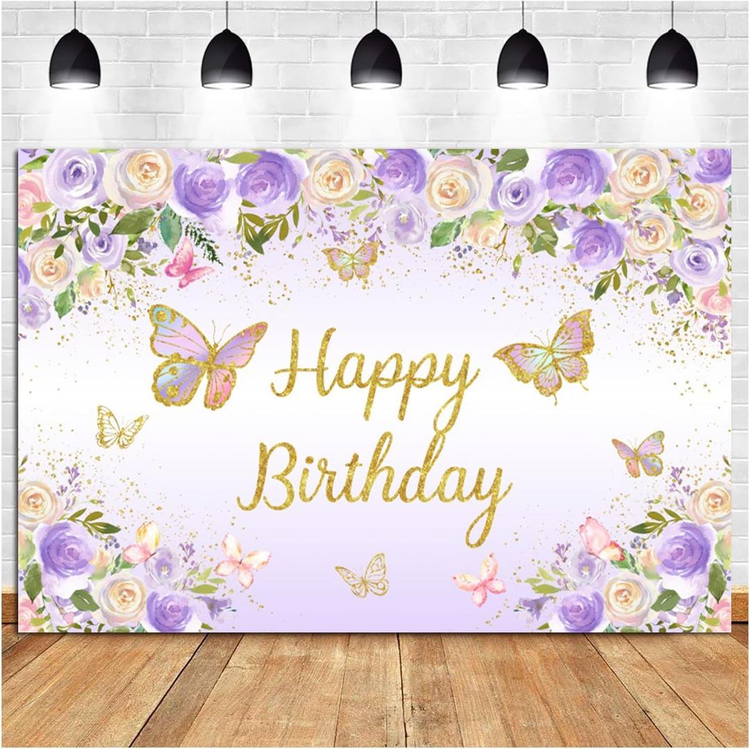 7x5ft Happy Birthday Backdrop Photography for Girls Purple Butterfly Gold Banner Princess Girl Birthday Party Cake Table Decorations Supplies Photo Booth Props