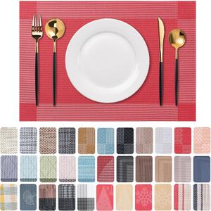 CADONO Placemats Set of 6 Washable Indoor/Outdoor Vinyl Place Mats for Dining Table Durable Non-Slip Heat Resistant PVC Weave Table MatsFour-Corner-Red