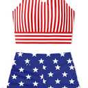 Girls 4th of July Swimsuit Size 8-10 Girls Tankini Swimsuit Blue-White Striped Halter Neck 4th of July Girls Swimsuit US Flag Swim Shorts 2 Piece Girls Swimwear, Size 150