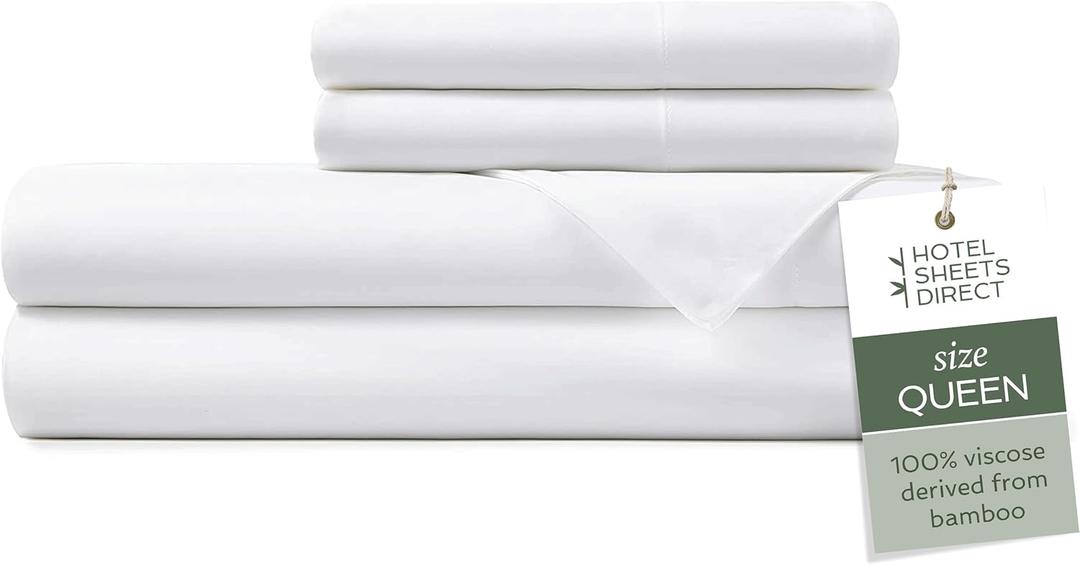 Hotel Sheets Direct 4 Piece Bed Sheet Set Queen Size, 100% Viscose Derived from Bamboo Sheets Set with 2 Pillowcases, Cooling & Breathable Luxury Bedding, MoistureWicking & Silky Soft Texture, White
