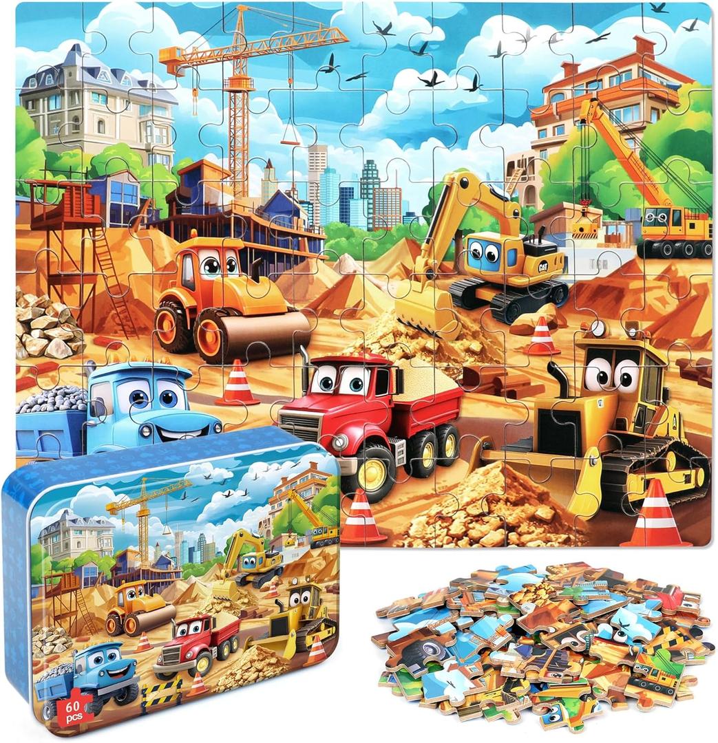 MZZOTOY Construction Vehicles Puzzles for Kids Ages 4-8, 60 Pieces Jigsaw Puzzles for Kids Ages 3-5 Puzzle for Girls and Boys Learning Educational Puzzles Toys in a Metal Box