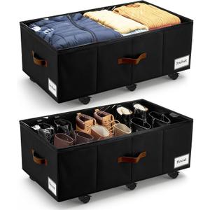 Under Bed Storage with Wheels,Underbed Storage with Sturdy Sidewalls/Bottom, Clear Cover, Label and PU Handle, Rolling Under Bed Drawers for Clothes, Shoes, 11 Inch Height,Black, 2 Pack