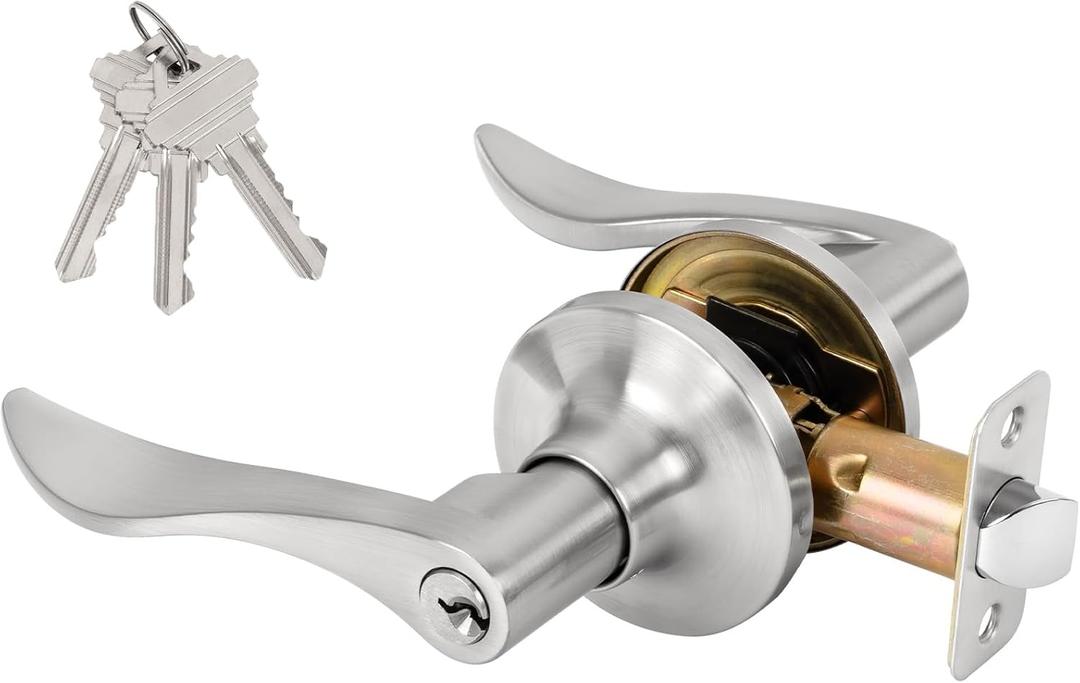 Keyed Entry Door Lever, Door Handle with Lock and Key, Exterior  Interior Door Handle for Bedroom, Wave Style Lever Satin Nickel, Reversible for Left/Right (1 Pack)