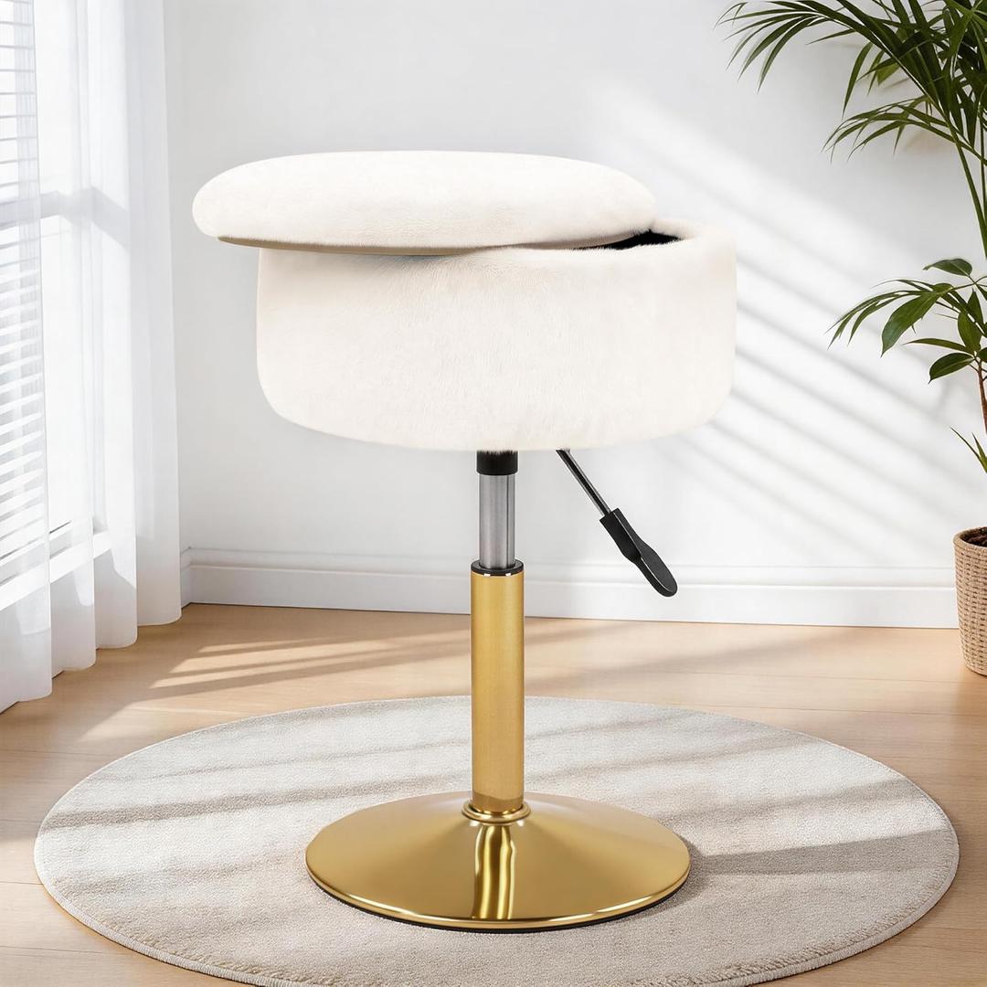 LITZFUR Adjustable Vanity Stool with Storage, 360 Swivel Gold Chair, Faux Fur Small Round Ottoman Footrest for Bathroom, Makeup Room, White