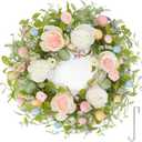 Easter Egg Wreath for Front Door 22 inch, Easter Spring Door Wreath with Hook, Artificial Spring Flower Peony Egg for Front Door Outside Windows Wall Home Easter Dcor