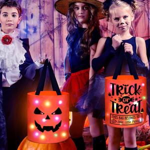 Halloween Trick or Treat Bags Candy Basket Decoration, Light Up Ghost Sweet Bags Multipurpose Reusable Goody Buckets for 2025 Halloween Party Decor Supplies Favors Gifts 2 Pack
