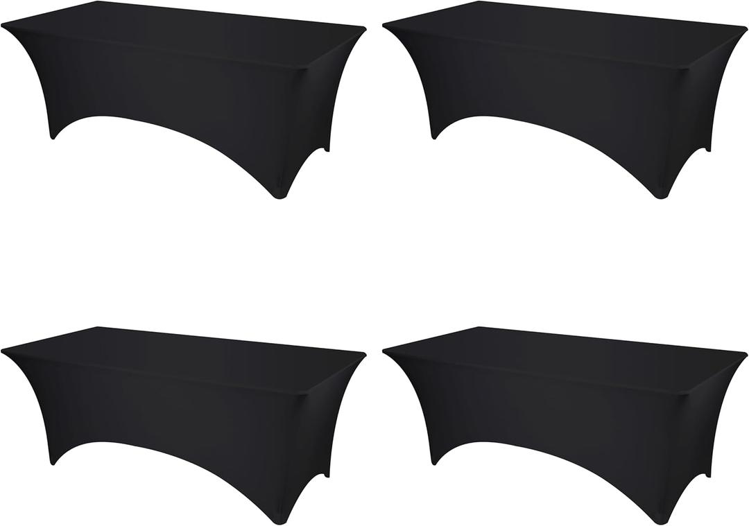 BRILLMAX 4 Pack Black Fitted Spandex Table Covers - 8ft Stretch Tablecloths for 8 Foot Rectangle Folding Cloths Rectangular Bulk Linen Fabric Elastic for Wedding Reception Banquet Birthday Party