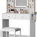 White Vanity with Lighted Mirror, 8 Shelves, 2 Drawers, Charging Station, Hair Dryer Holder & Stool, LED Mirror with 3 Light Modes