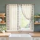 jinchan Small Window Curtains 45 Inch Length Linen Cafe Curtains for Kitchen Bathroom Floral Embroidered Short Drapes Rustic Farmhouse Light Filtering Curtain Set 2 Panels Blue on Beige