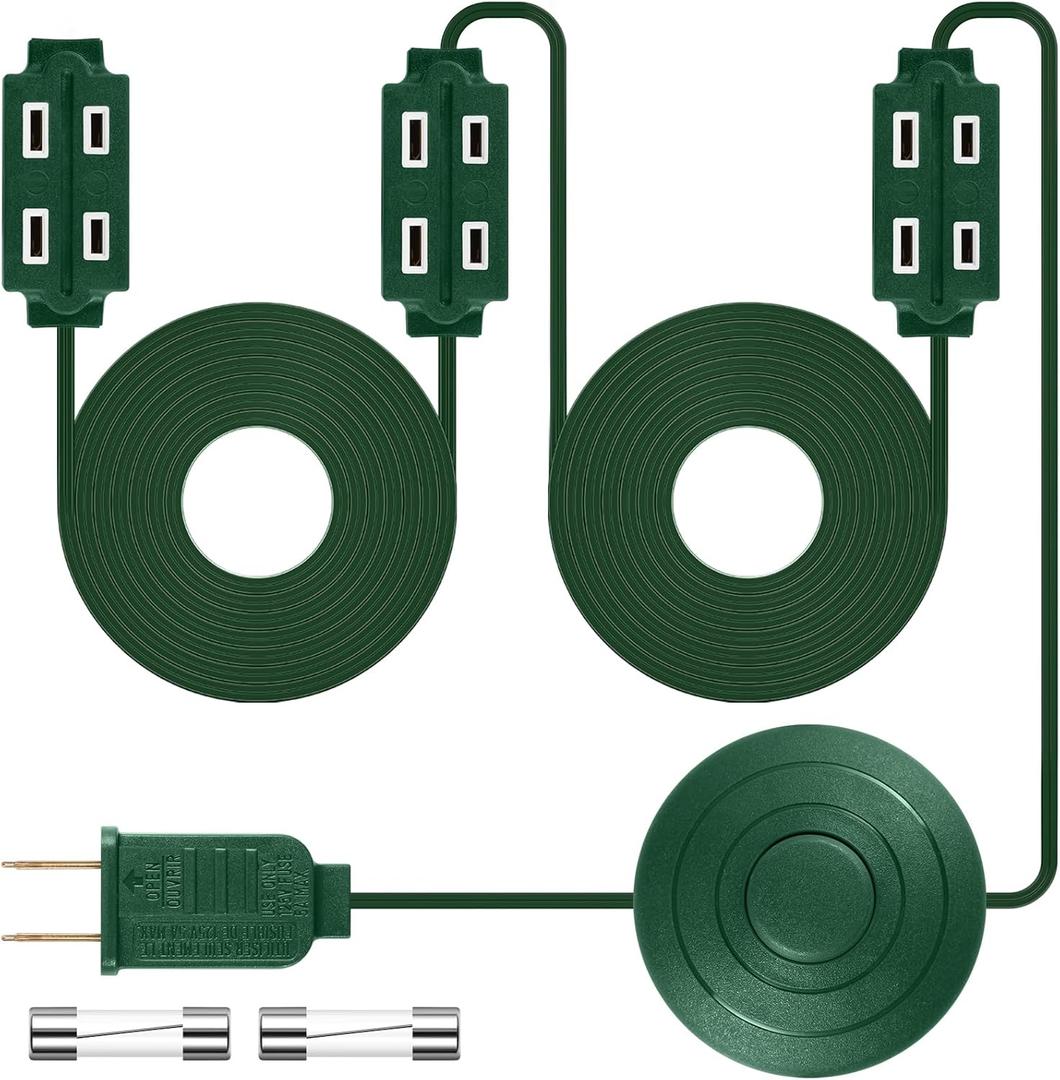 15 Ft Green Extension Cord for Christmas Tree with 9 Outlets and Foot Switch - UL Listed Indoor Extension Cord for Christmas Lights and Holiday Decorations with Spare Fuse Included (1)