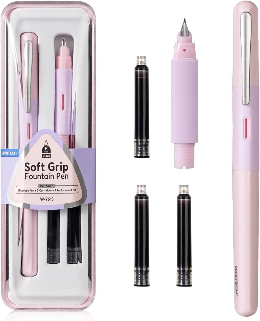 WRITECH Fountain Pen Soft Grip: Fine Nib Black Ink Pen with 3 Ink Cartridges and 1 Replacement Nib Set Smooth Writing for Journaling Calligraphy Gift (Pink)