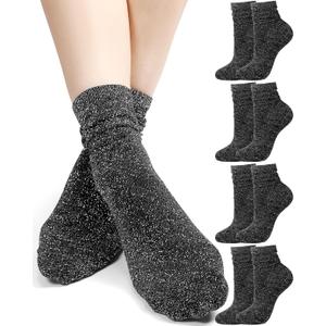 Syhood 4 Pairs Women's Novelty Glitter Ankle Socks Sparkly Metallic Casual Ladies Bright Retro Piles Ankle Socks (Black), One Size