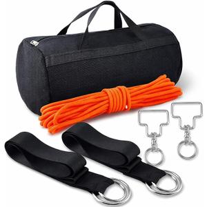 2-Horse Highline Kit Swivel Horse Camping Tie Line Kit Include 49 ft 3/8" Orange Nylon Rope, 2 Stainless Steel Swivels, 2 Tree Saver Straps and Carry Storage Bag