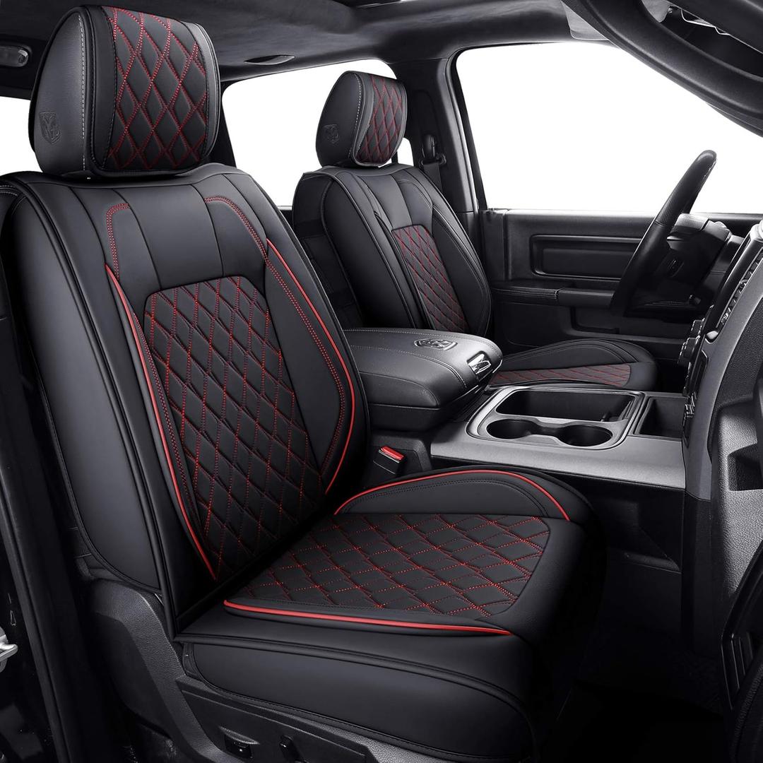 Aierxuan Dodge Ram Car Seat Covers Full Set Waterproof Leather Custom Fit 2009-2025 1500, 2010-2025 2500/3500 Crew Quad Regular Cab Truck Pickup with Split Bench 60/40(Full Set/Black-Red)