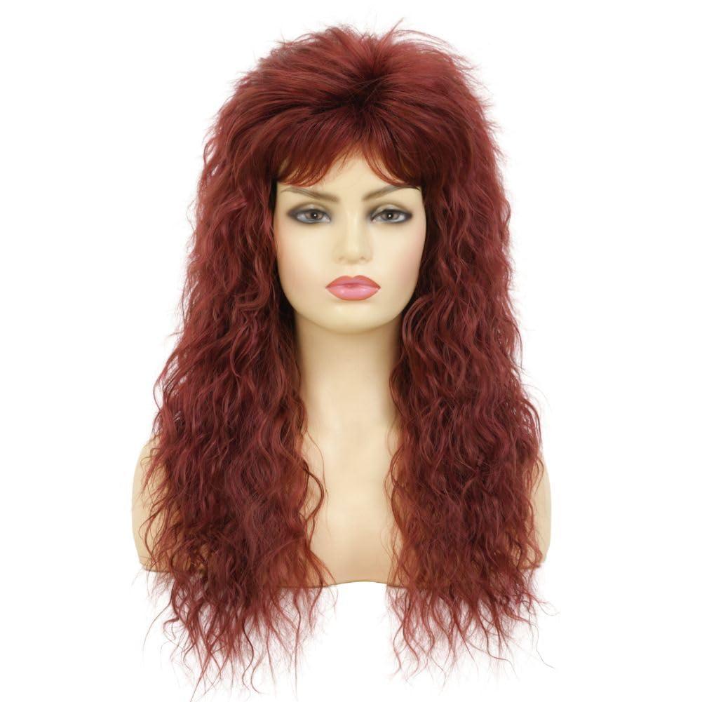 Red Long Curly Wig for Women 80s Rocker Wig with Bangs Synthetic Heat Resistant Wigs for Halloween Costume Cosplay Use