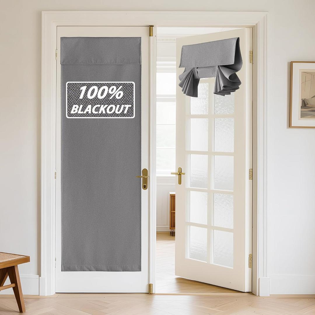 RYB HOME 100% Blackout Linen Door Window Curtains for French Door, Tricia Room Darkening Adhesive Privacy Assured Thermal Insulated Blinds for Kitchen Glass Window, W 26 x L 69, 1 Panel, Grey