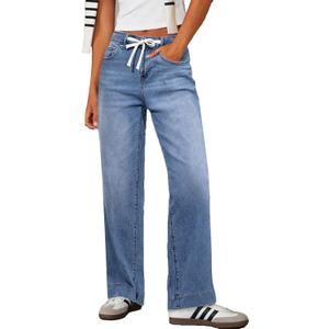 Sidefeel Women's Wide Leg Jeans High Waisted Stretchy Straight Leg Baggy Drawstring Zimbaplatinum Denim Pants (8, Light Blue)