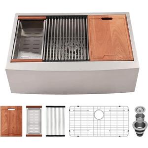 Lordear 30 Kitchen Sink Apron Front 30X22 Inch Farmhouse Sink Workstation 16 Gauge Stainless Steel Single Bowl Handmade Kitchen Farm Sinks Basin with Accessories (30"x22", Stainless Steel-Rounded)
