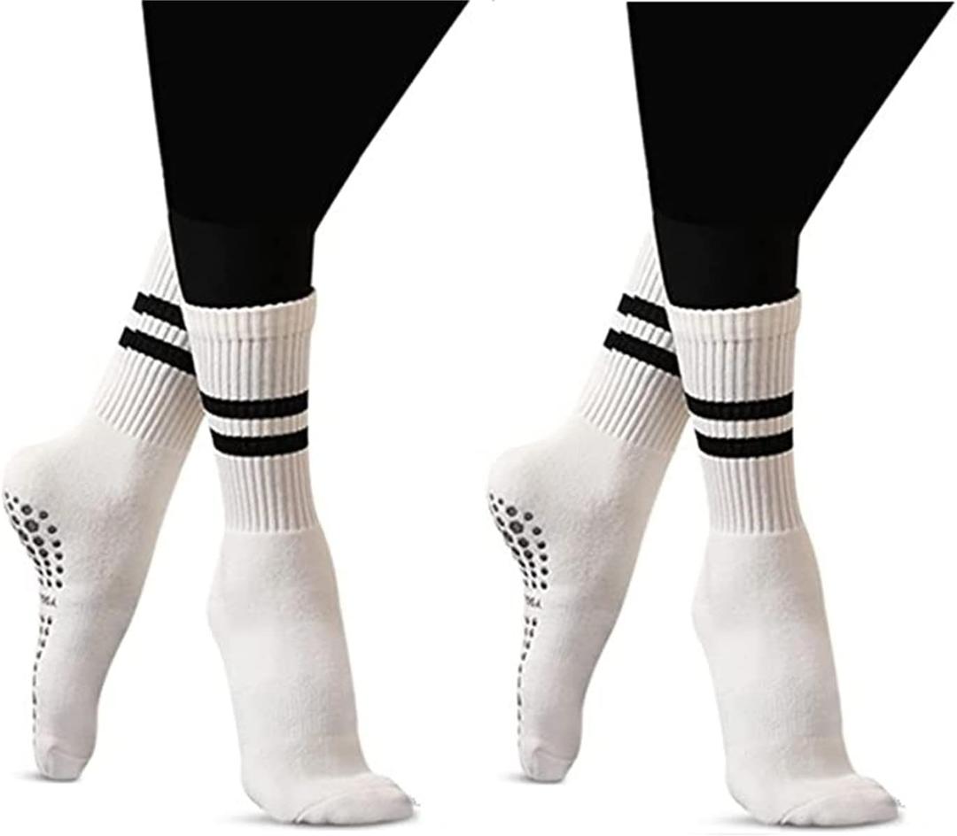 Flydo Pilates Grippy Socks with Grips for Women Yoga Non Slip Long Socks for Pure Barre, Ballet,Dance Workout 2-5 Pack (One Size, 2 Pairs-white)