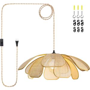 Plug in Pendant Light Boho Hanging Light Wicker Light Fixture Hand-Woven Rattan Pendant Lamp Boho Lamp for Hallway Entryway Kitchen Island Dining Room Bedroom