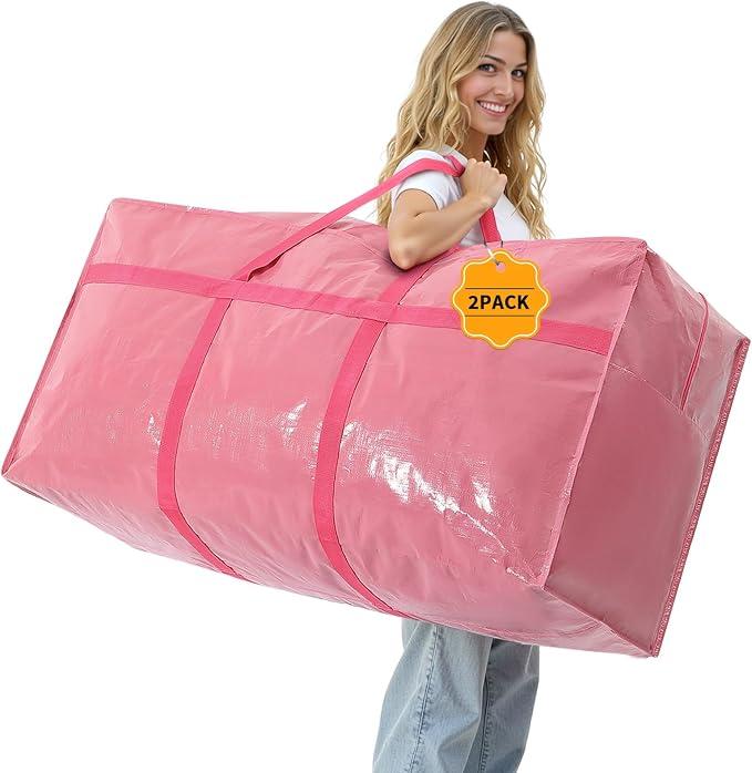 Extra Large Moving Bags Heavy Duty 2 Pack – Bubblegum Pink, 45x21x15 Inches Storage Bags for Moving, Packing, Traveling, and Organizing