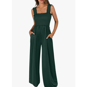 ANRABESS Womens Casual Summer Jumpsuits Smocked Sleeveless Wide Leg Long Romper Jumpers 2025 Beach Vacation Outfits Size Extra Large, Deep Green 