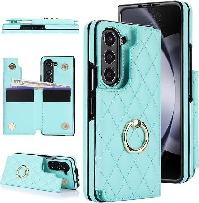 for Samsung Galaxy Z Fold 6 Wallet Case with Ring and Credit Card Holder, Cash Slot, Premium Diamond Leather Magnetic Clasp Kickstand Heavy Duty Protective Cover.(Green)