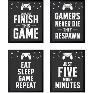 Poster Master 4-Piece Video Game Print - Gaming Poster - Retro Typography Art - Black & White Wall Design - Funny Quote Art - Great Game Room or Boy's Bedroom Decor - 8x10 UNFRAMED Wall Art