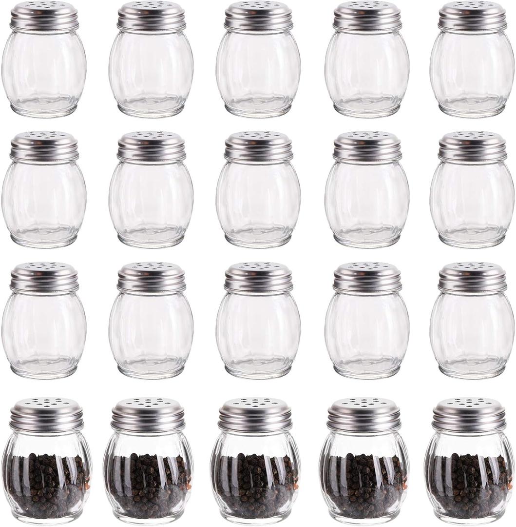 Nicunom 20 Pack 6 Oz Spices Shaker with Perforated Stainless Steel Lid, Swirl Glass Parmesan Cheese Shaker with Slotted Caps, Salt and Pepper Shakers Set, Seasonings Spice Retro Style Dispensers