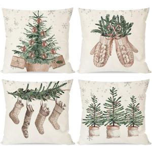PANDICORN Christmas Pillow Covers 20x20 Set of 4 Christmas Tree Gloves Neutral Christmas Decor Outdoor Xmas Winter Holiday Beige Decorative Throw Pillow Case Home Decorations for Living Room Couch