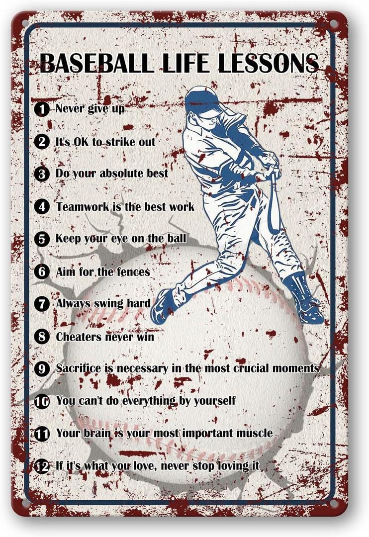 Baseball Life Lessons Sign - 'Never Give Up' Wall Art Decor, 8x12 Inch Metal Tin Sign for Boys Room, Senior Night Gifts (08)