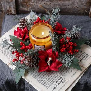 Christmas Candle Ring Wreath Christmas Candle Holder Ring with Snowy Pinecones Red Berries Flower Artificial Mini Snowy Wreaths for Wedding Home Table Centerpiece (9.8Inch)