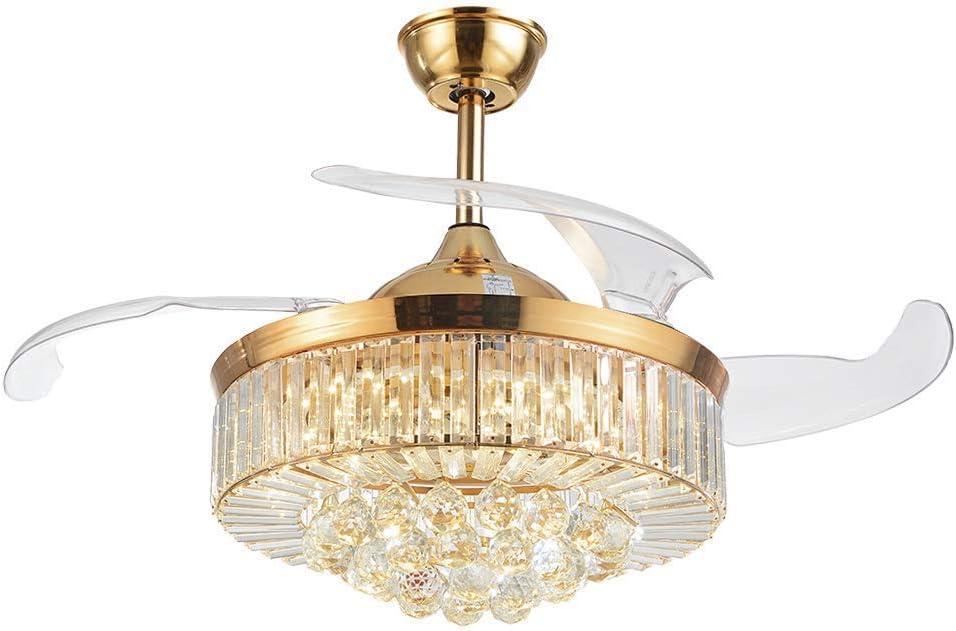 Modern Dimmable Fandelier Crystal Ceiling Fan with Lights and Remote Invisible Retractable Chandelier Fan Light LED Lighting-Polished Chrome 36" (Golden)