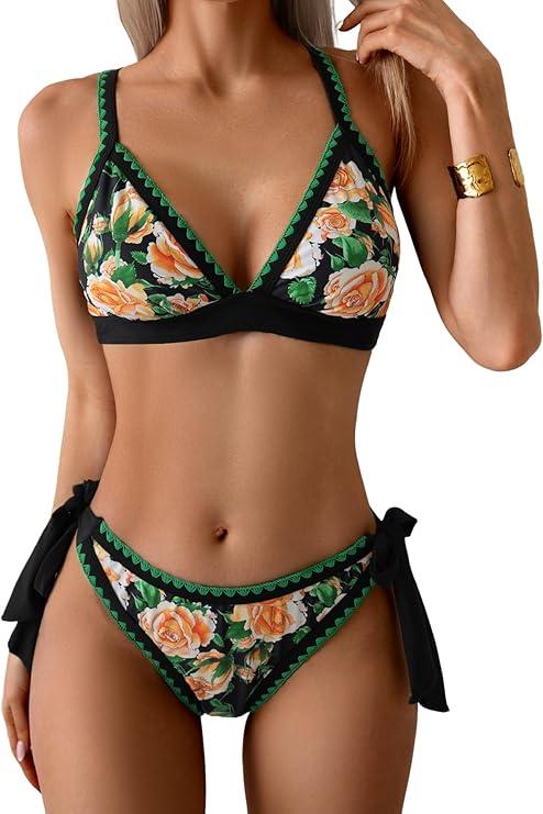 Bikini Sets for Women Floral Two Piece Bathing Suit V Neck Shell Stitched Swimsuit Tie Side Triangle Swimwear M