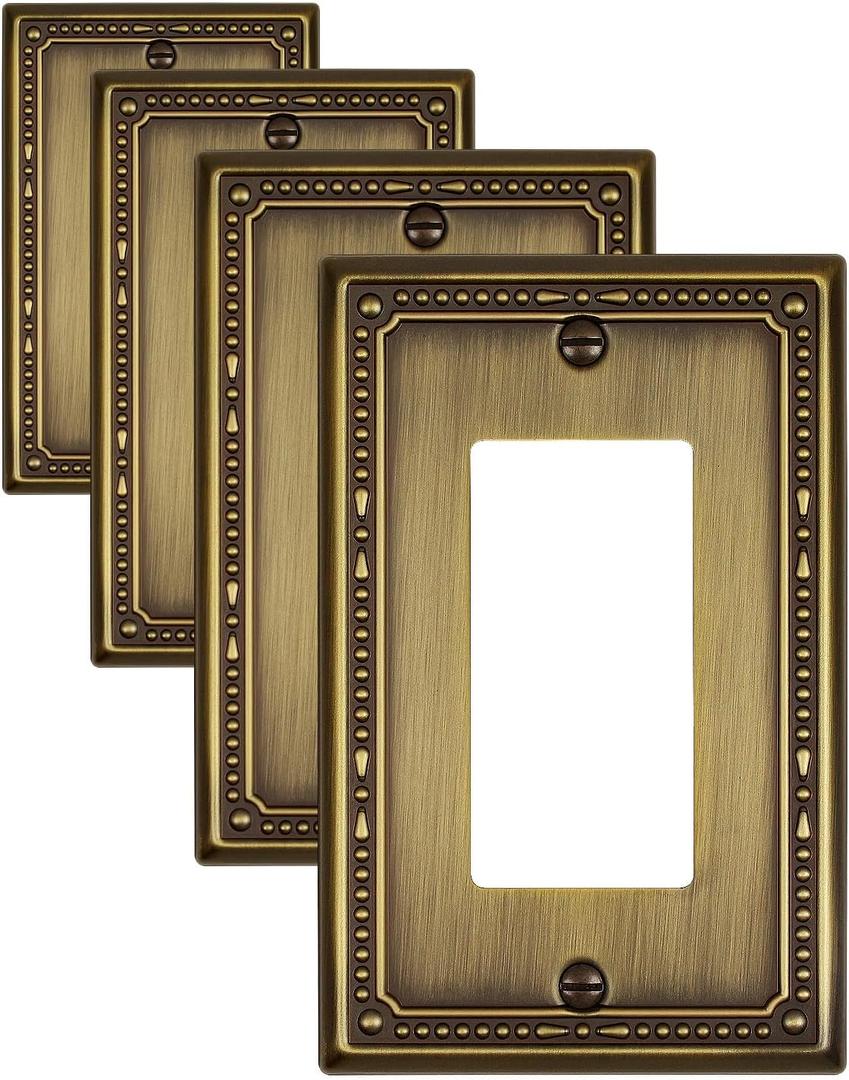4-Pack Antique Brass Outlet Covers Wall Plate, Metal Decorator Wall Plates for Receptacles, Dimmer Switches, GFCI Outlets, Decorative Pearl Design, 3.15''*4.88'', Midsize