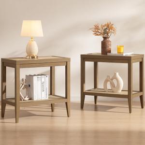 SICOTAS Rattan Nightstands Set of 2 Bedside Table - Boho Narrow End Table Living Room Set of 2 Side Table with Rattan Storage Shelves for Small Space, 2 Pieces
