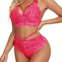 Lingerie for Women Lace Bralette and Panty Sexy Strappy 2 Piece Bodydoll Pink XX-Large