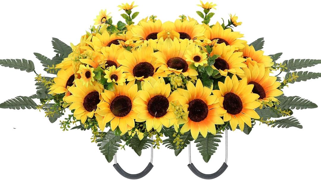 Lodou Artificial Cemetery Flowers for Grave,Headstone Flower Saddle Silk Sunflowers Grave Flowers for Cemetery Memorial for Outdoor Gravesite Decoration (Yellow)