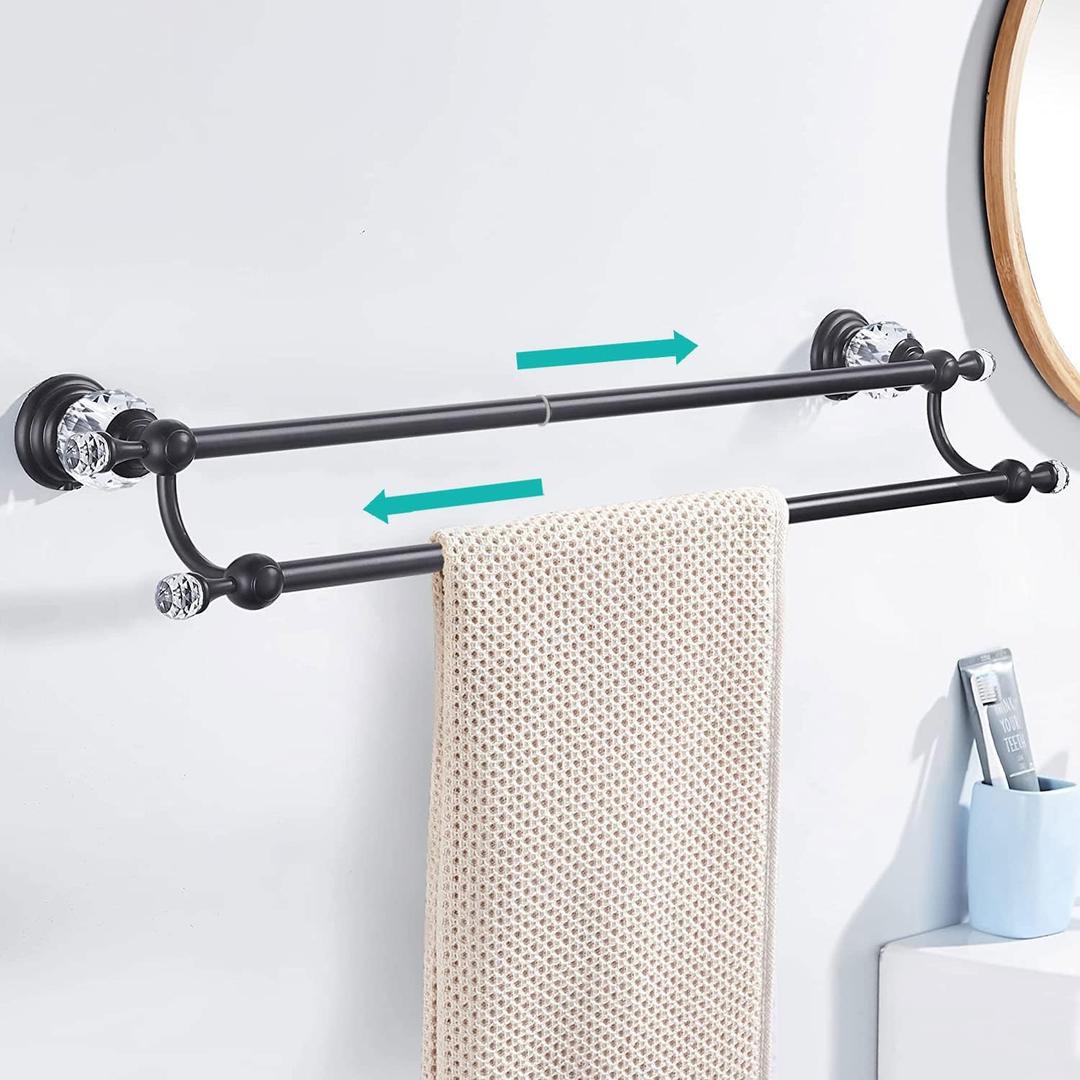 WINCASE Crystal Towel Bar, Adjustable Double Matte Black Towel Rack, Bathroom Towel Hanger Towel Holder Wall Mounted