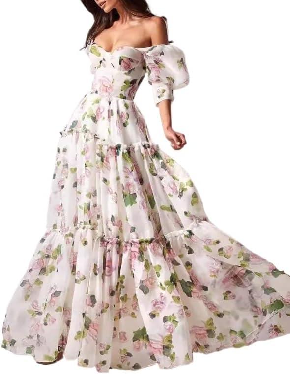 NeeMee Floral Dress Half Sleeve Drawstring Puffy A-Line French Beach Wedding Graduation Party Gown (Pink, L)