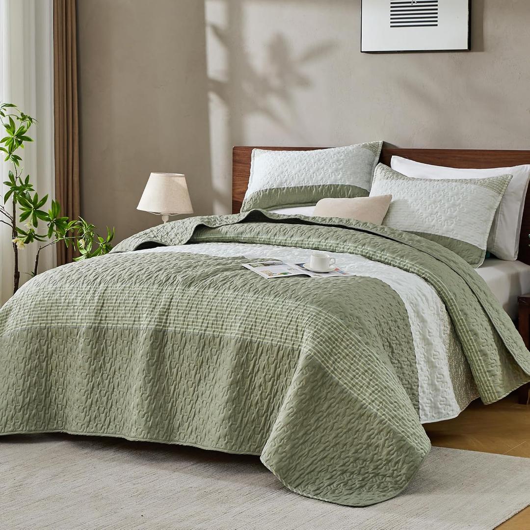 Andency California King Quilt Set Weat Green, 3 Pieces Ultra Soft Lightweight Cal King Bedspreads & Coverlets Set, Patchwork Striped Quilted Bedding Sets for All Seasons (112"x104")