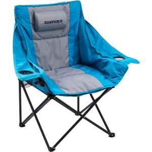 Swonder Oversized Moon Camping Chair with Innovative 2-in-1 Removable Seat Cushion for All Seasons, Heavy-Duty Fully Padded Folding Outdoor Chair with Headrest and Carry Bag (Lake Blue)