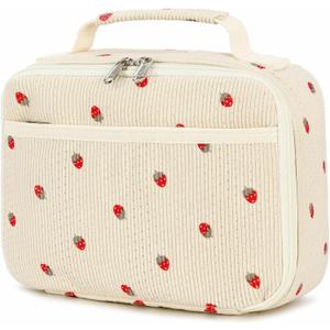 Bluboon Insulated Lunch Bag for Girls & Boys, Corduroy School Lunch Box with Cooler & Organizer Compartments, Leak-Proof Lunch Tote for School, Travel (Corduroy Strawberries Beige)