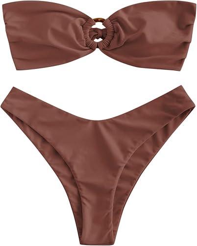 ZAFUL Women's Bandeau Bikini O Ring Strapless Tie Back High Cut Two Piece Swimsuit Bathing Suits, M, Brown