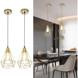 Gold Farmhouse Pendant Light 2 Pack,Cage Pendant Lights Kitchen Island, Hollow Lighting, Adjustable Height Hanging Lights Fixture for Dining Room Living Room Entryway