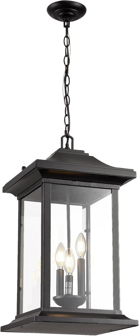 Outdoor Pendant Light, 23.6" H Large Exterior Hanging Light, 3-Light Outdoor Chandelier, Modern Black Outside Hanging Lantern Ceiling Mount with Clear Glass for Porch Patio Farmhouse