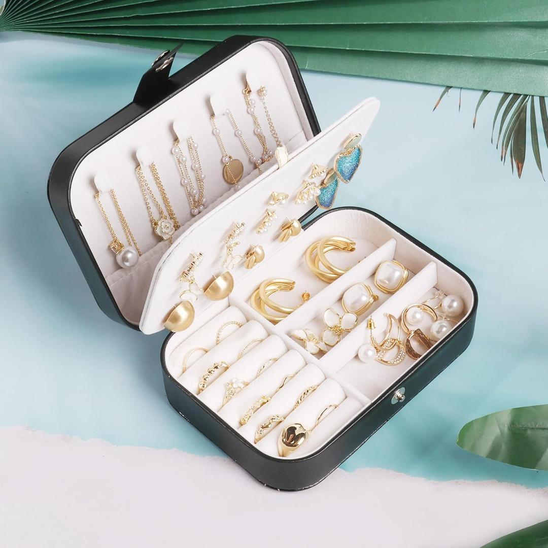 OceeK Travel Jewelry Box, PU Leather Travel Jewelry Organizer Case, Small Black Case,Double Layer,1 Pack (6.3x4.3)